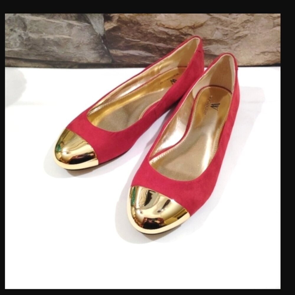 Sz 9M Worthington Burgundy & Gold Ballet Flats Metallic Toe Faux Suede 9 Medium - Picture 3 of 12